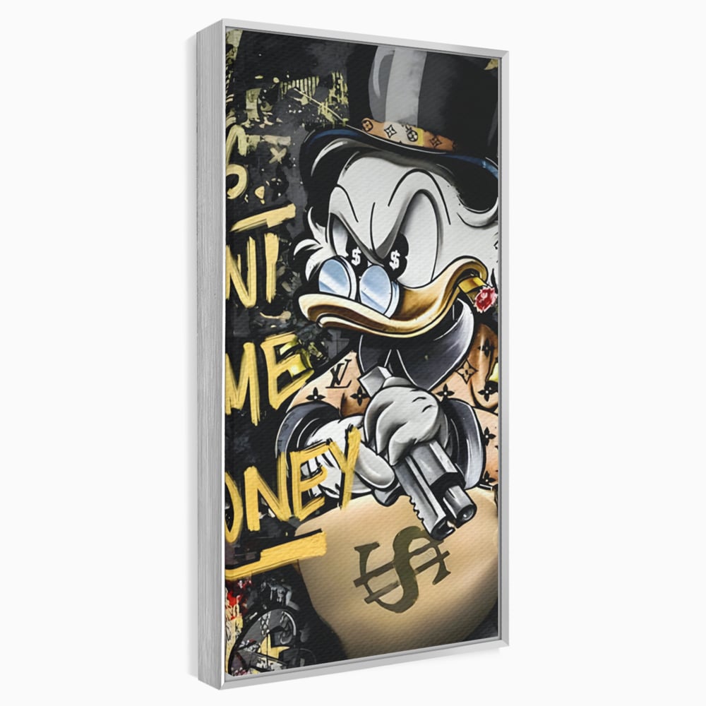 Tablou canvas cu ilustratie cu scrooge duck tinand o arma, in rama de aluminiu argintiu